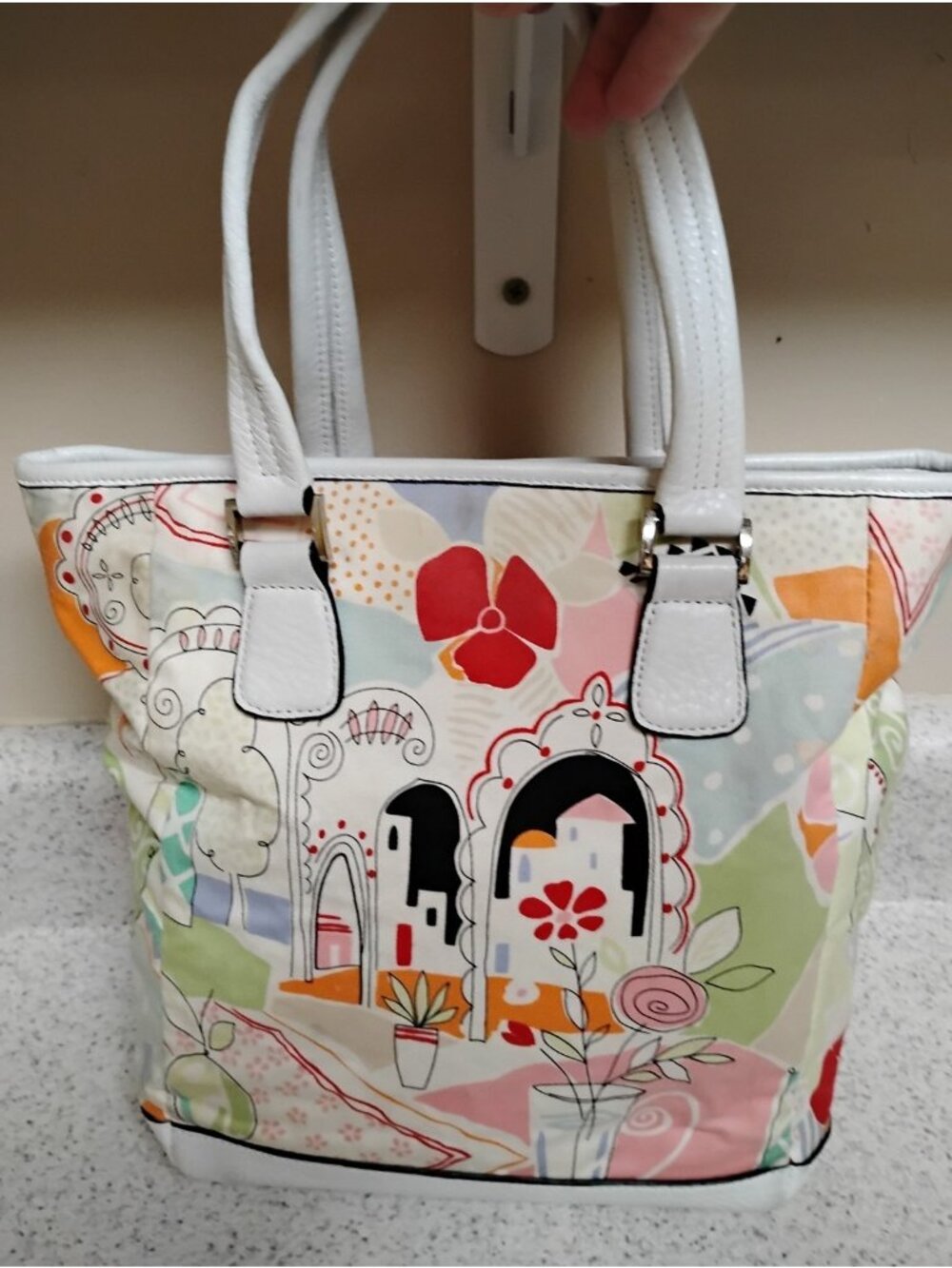 Vintage Talbots Mediterranean Village Floral Print Tote Bag Purse Pastels 11x9x5